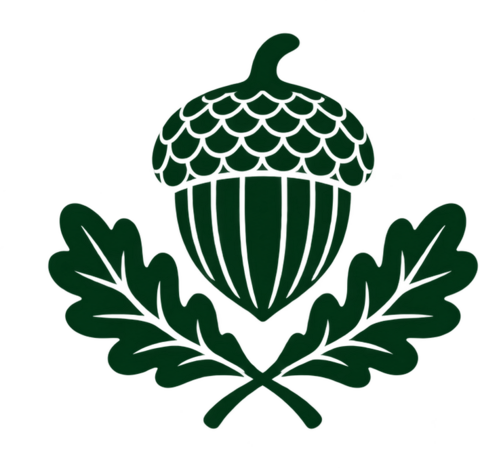 Oak Grove Books acorn and crossed oak leaves emblem